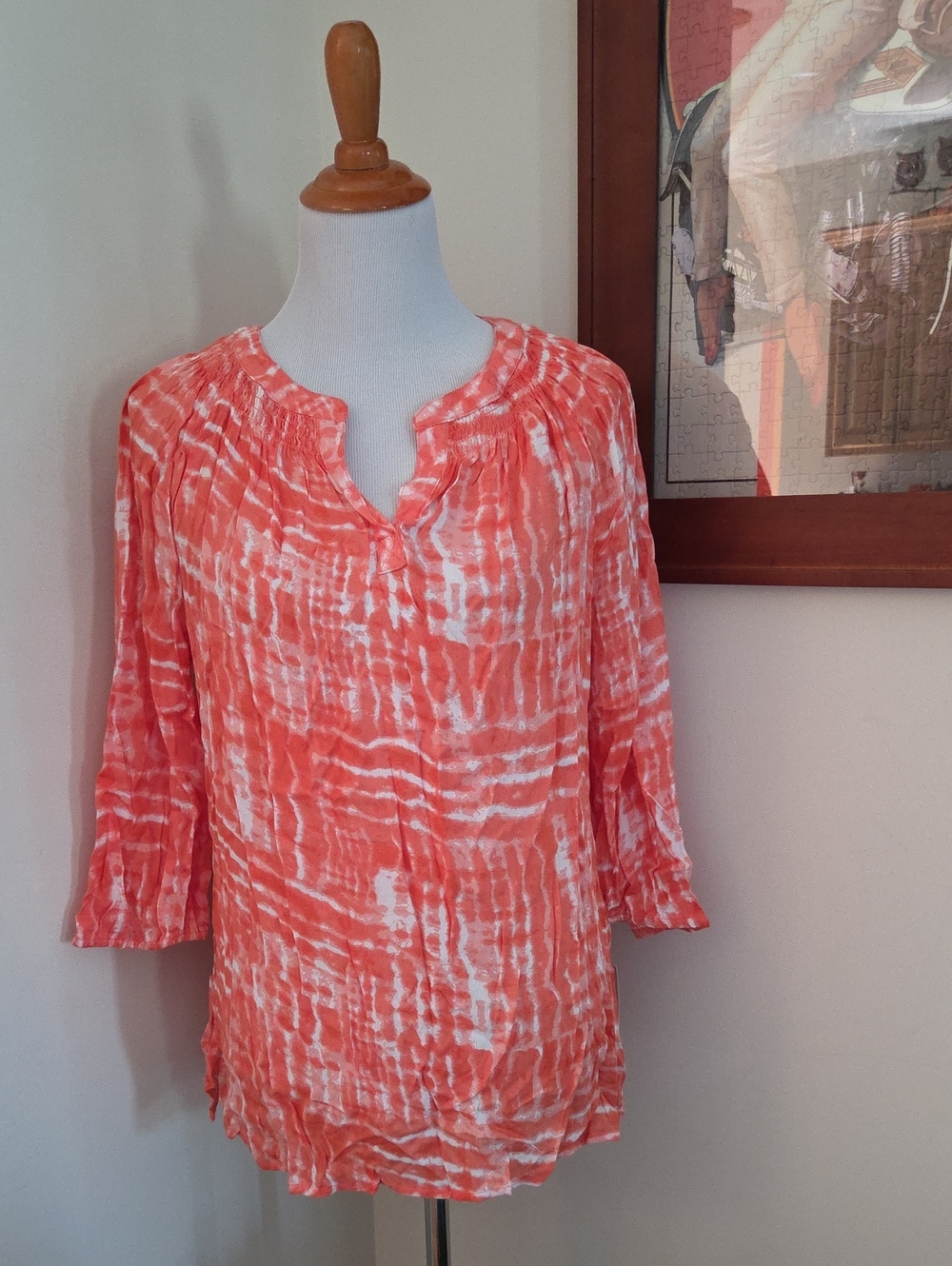 croft & barrow Coral and White Tie-Dye Peasant Tunic